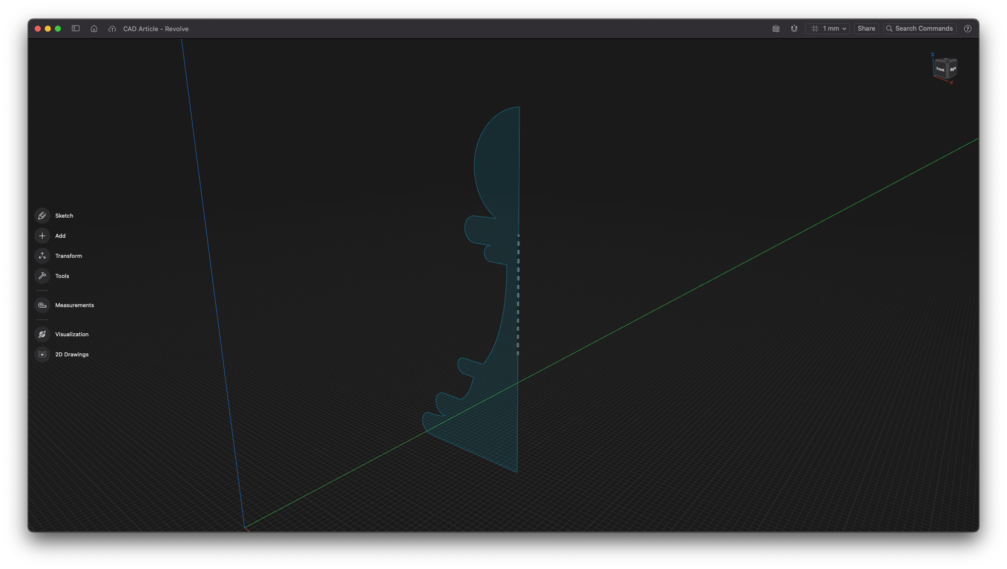 Completed sketch of half of a chess piece with a axis